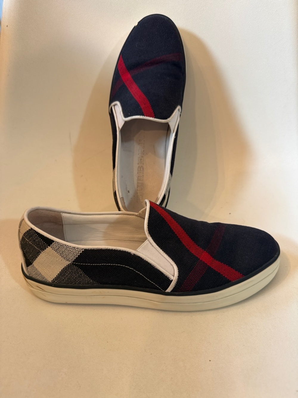 Burberry Women's Navy Slip-On Sneakers with Red Stripe 37.5 7.5